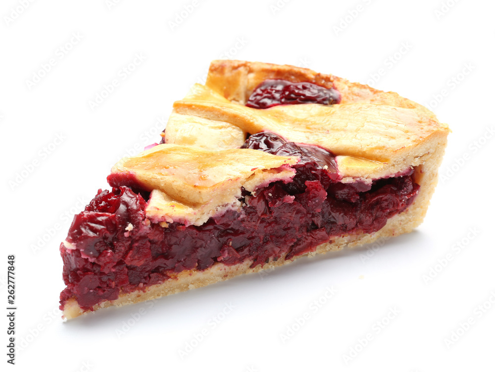 Piece of tasty cherry pie on white background