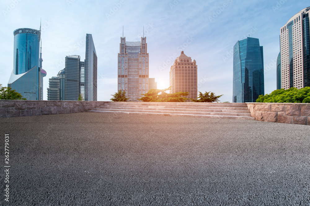 Empty Asphalt Road Through Modern City of Shanghai, China..