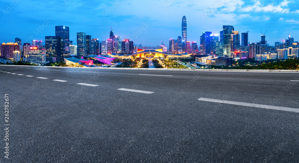 Road and skyline of urban architecture..