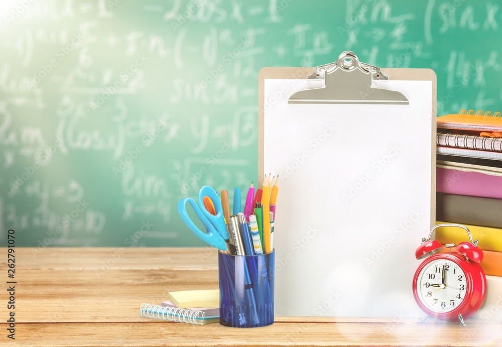 Assortment  of School supplies on  background