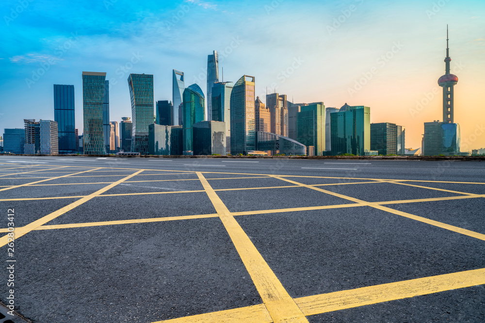 Empty Asphalt Road Through Modern City of Shanghai, China..