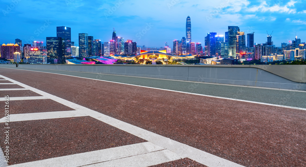 Road and skyline of urban architecture..