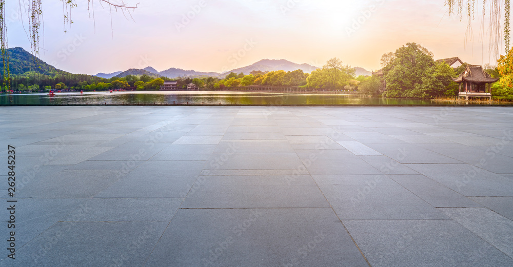 Empty Square Bricks and Natural Landscape Scenery..