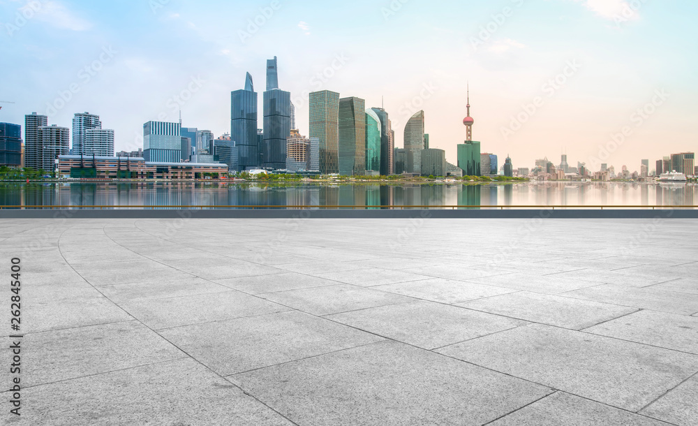 Urban skyscrapers with empty square floor tiles