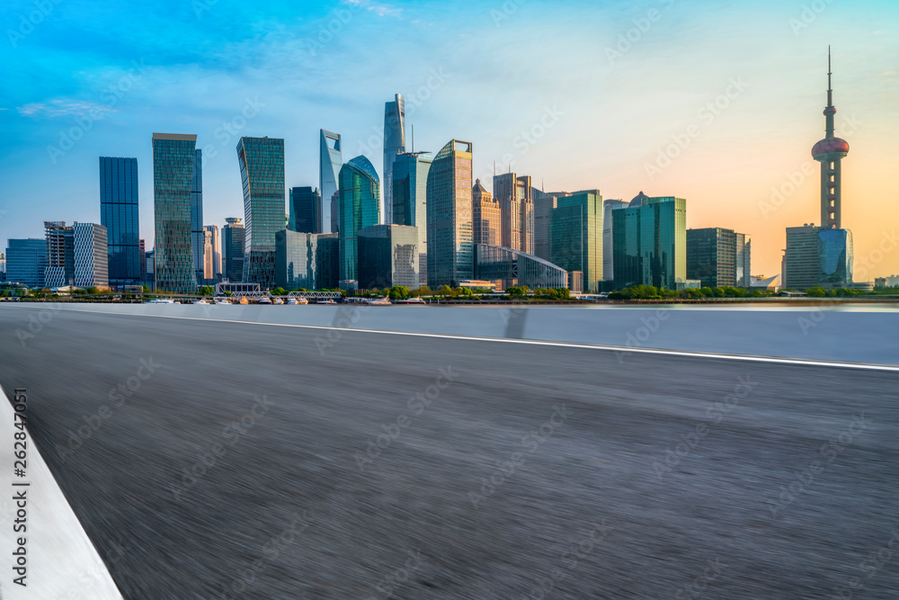 Empty Asphalt Road Through Modern City of Shanghai, China..