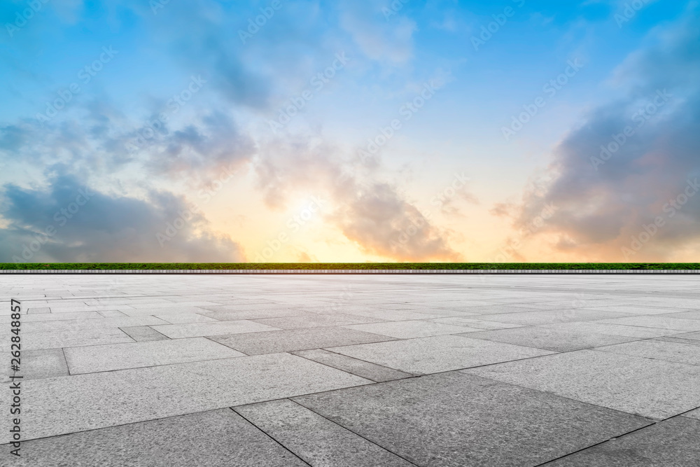 Empty Plaza Bricks and Sky Landscape..