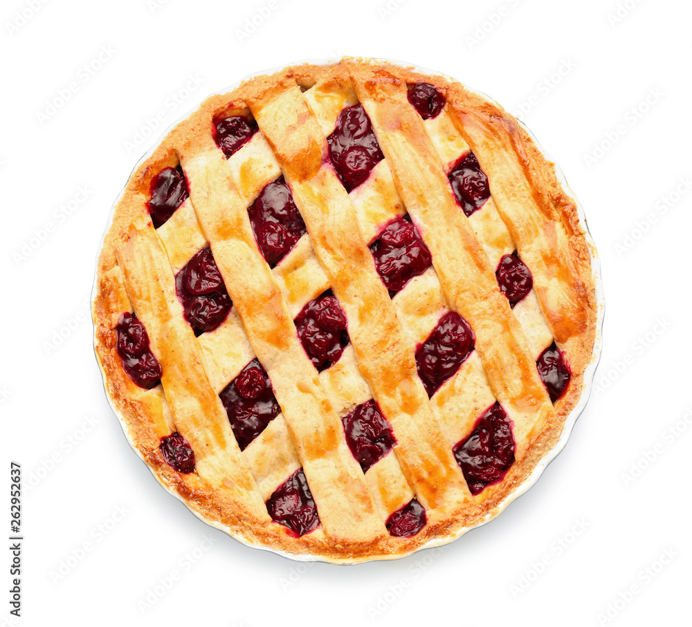 Tasty cherry pie on white background