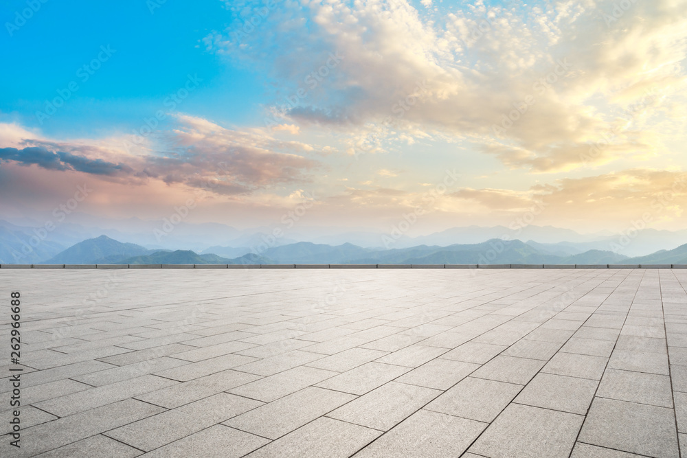 Empty floor and mountain with beautiful clouds