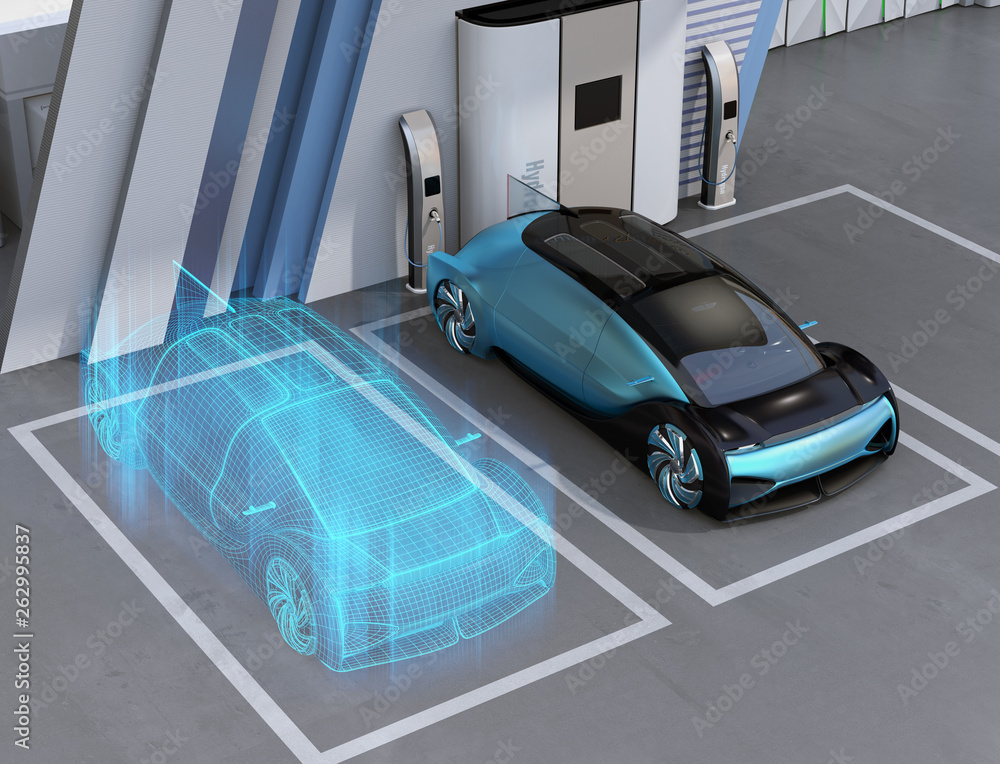 Wireframe rendering of Fuel Cell powered autonomous car in Fuel Cell Hydrogen Station. Digital Twin 