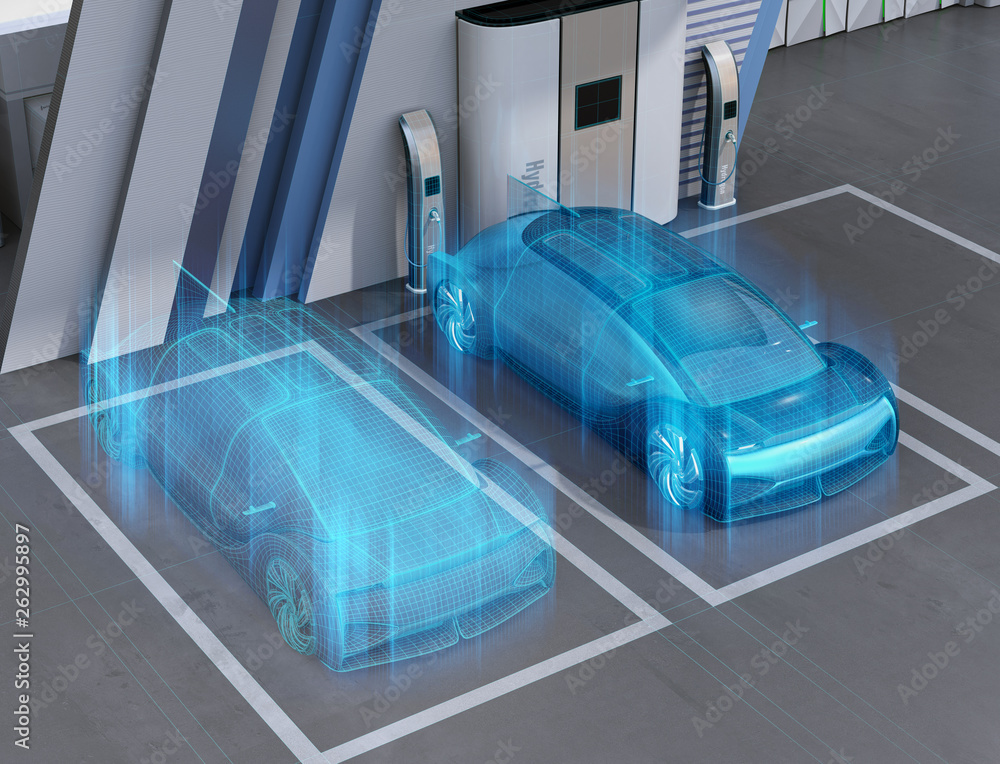 燃料电池氢站中燃料电池驱动的自动驾驶汽车的线框渲染。数字孪生