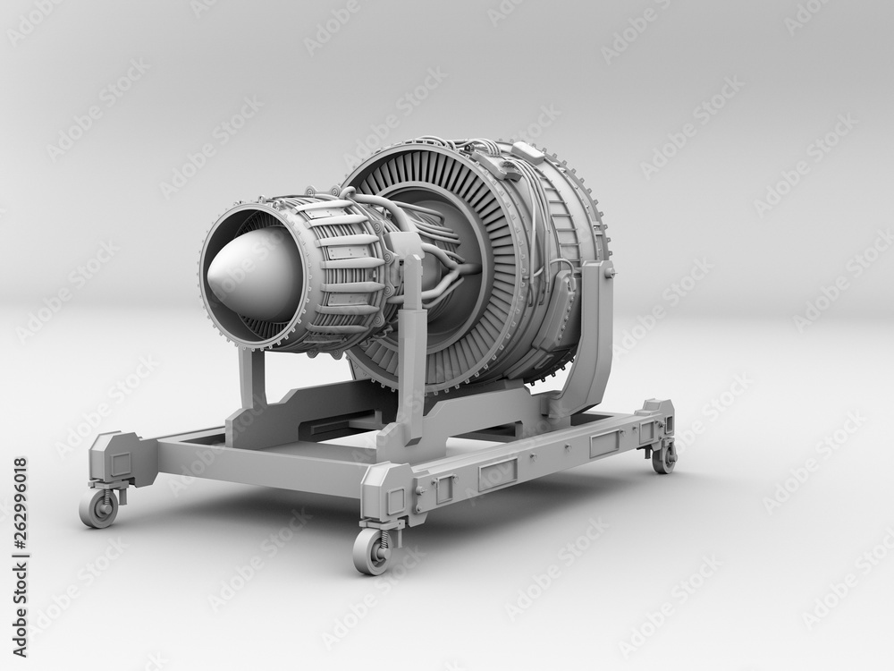 灰色背景下涡轮喷气发动机的粘土渲染图。3D渲染图。