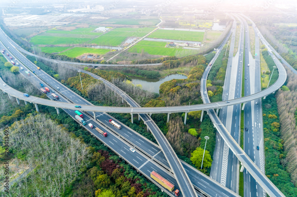 Aerial view of highway and overpass in Shanghai