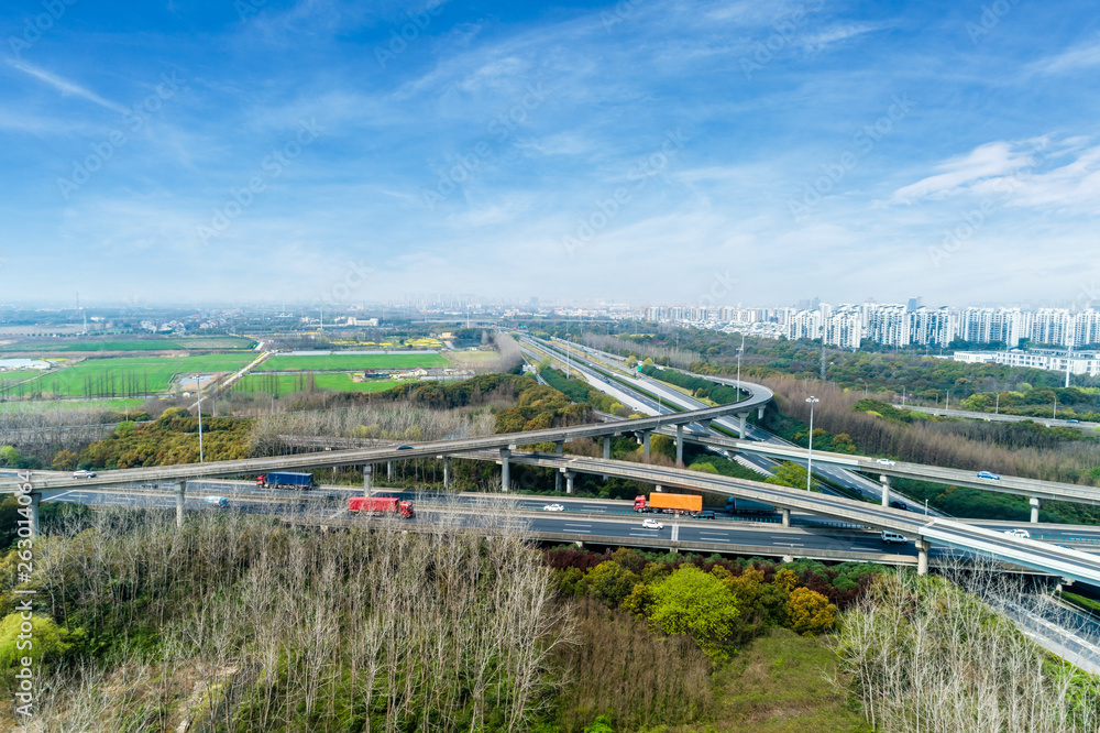 Aerial view of highway and overpass in Shanghai