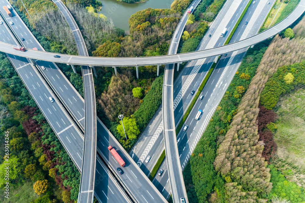 Aerial view of highway and overpass in Shanghai