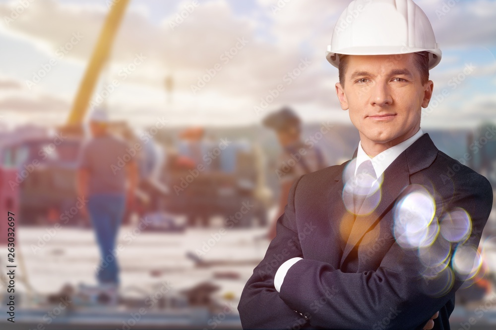 Handsome safety inspector isolated on white background