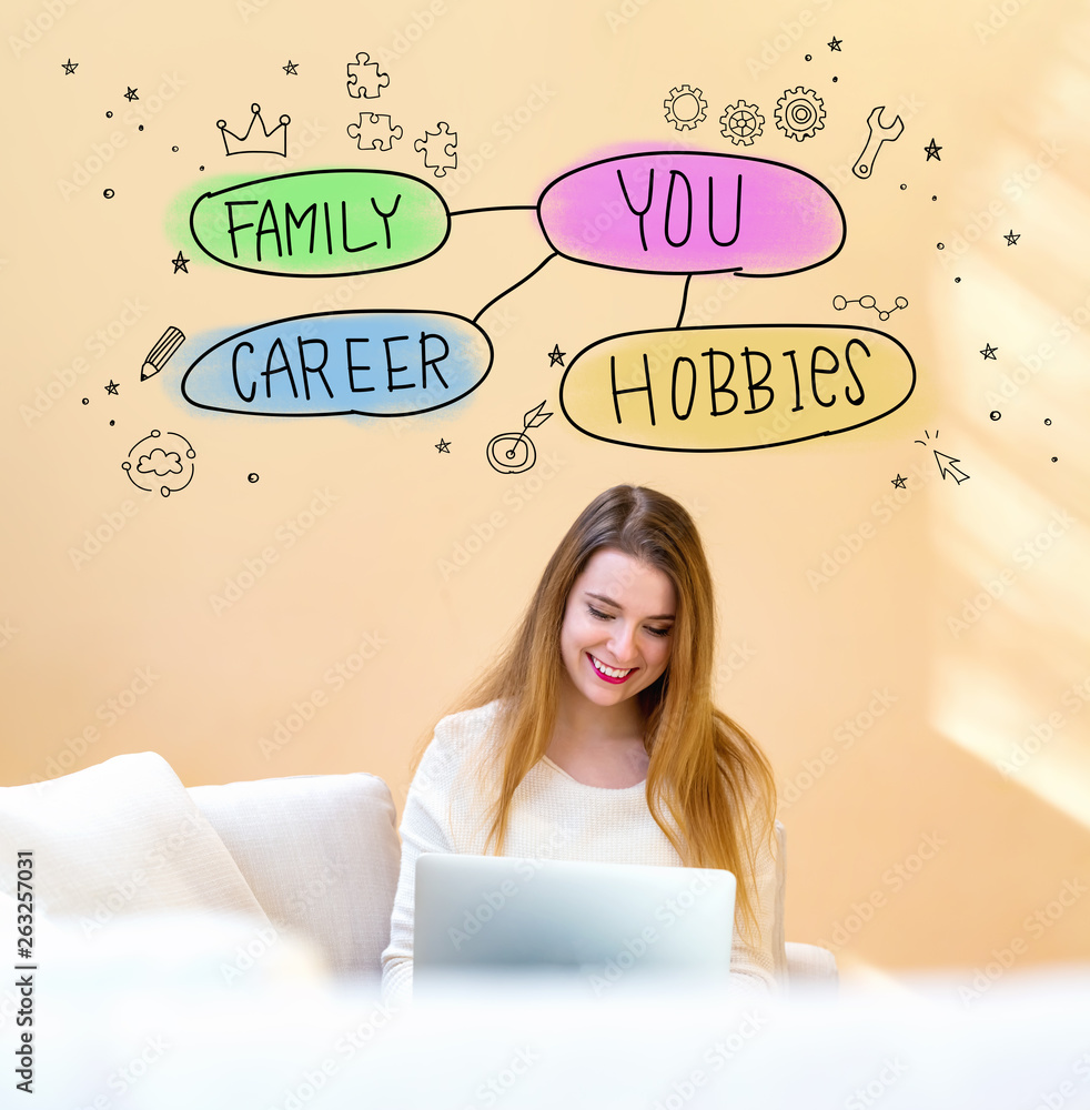 Life balance concept with young woman using her laptop computer at home