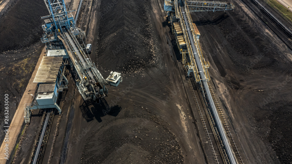 Aerial view large bucket wheel excavators in a lignite mine.