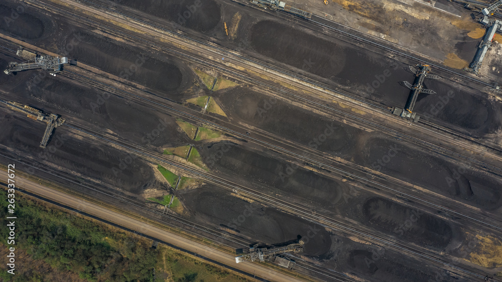 Aerial view large bucket wheel excavators in a lignite mine.