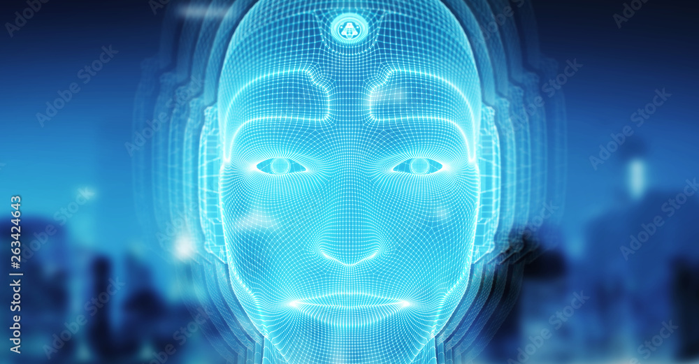 Robotic man cyborg face representing artificial intelligence 3D rendering