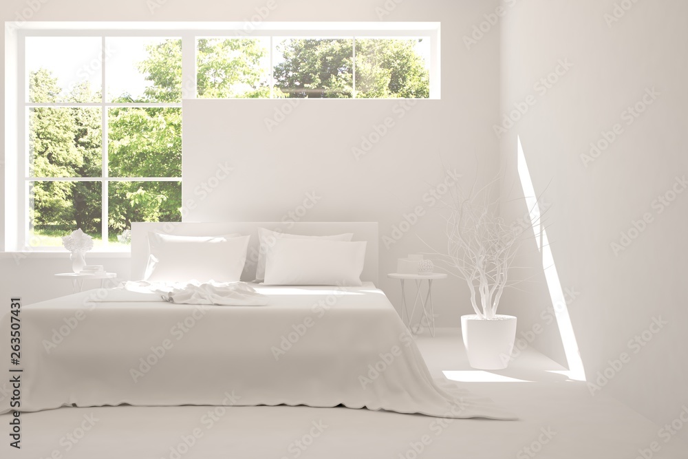 Mosk up of modern bedroom in white color with green landscape in window. Scandinavian interior desig