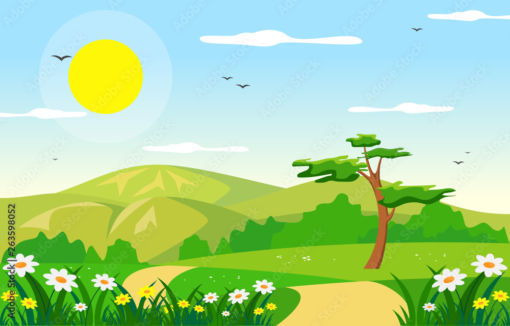 Summer Spring Green Valley Bright Sun Outdoor Landscape Illustration