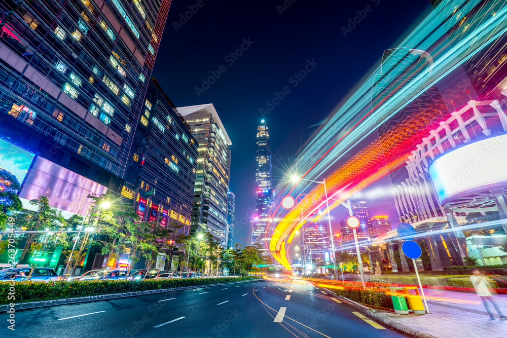 Road City Nightscape Architecture and Fuzzy Car Lights..