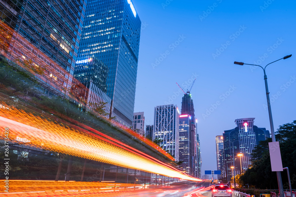 Road City Nightscape Architecture and Fuzzy Car Lights..