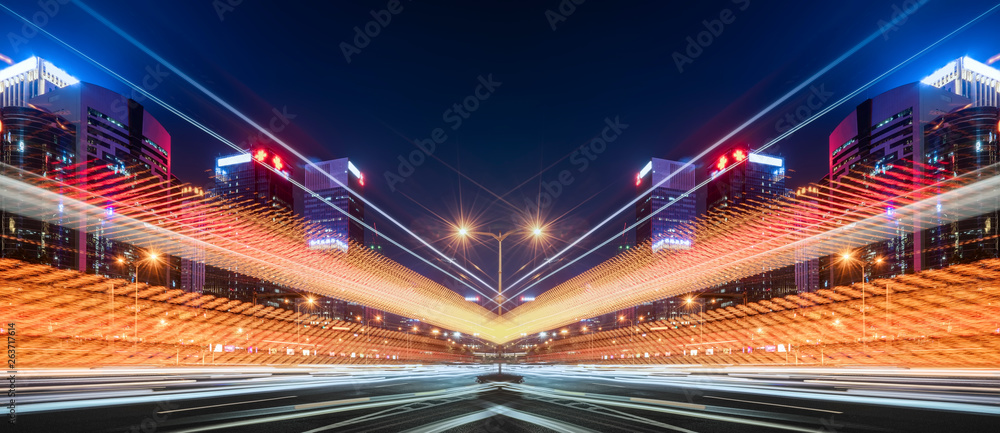 Road City Nightscape Architecture and Fuzzy Car Lights..