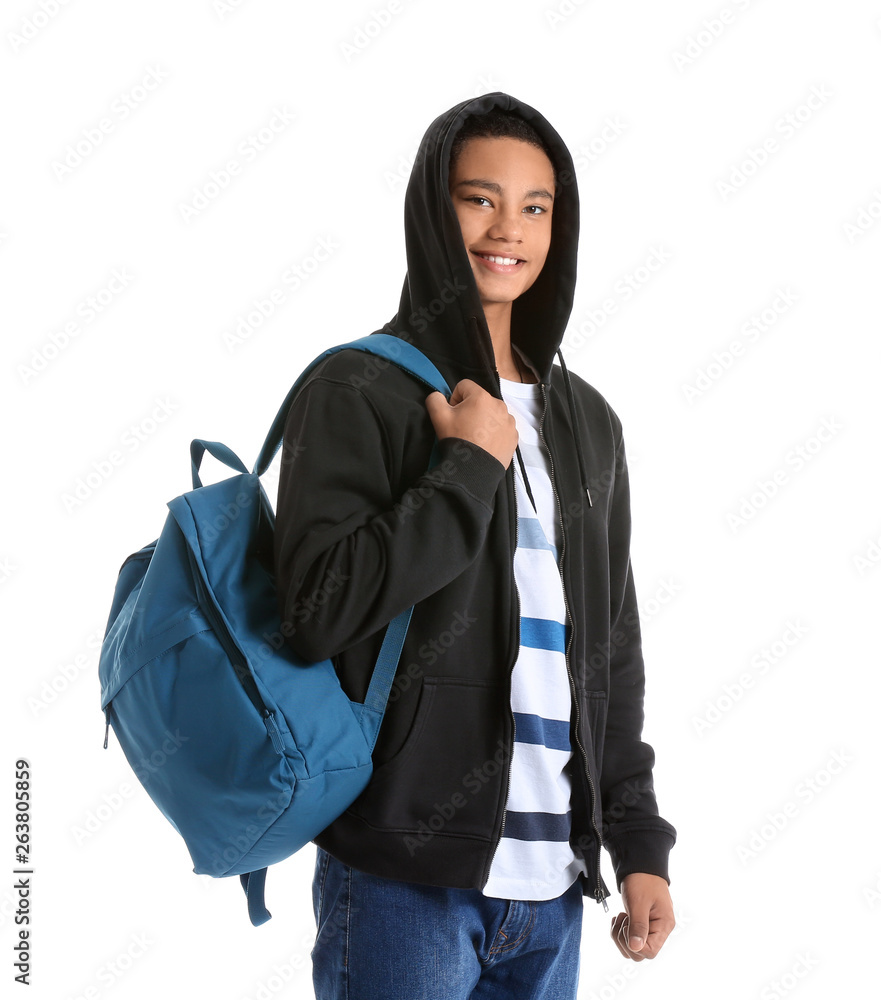 Portrait of African-American teenage boy on white background