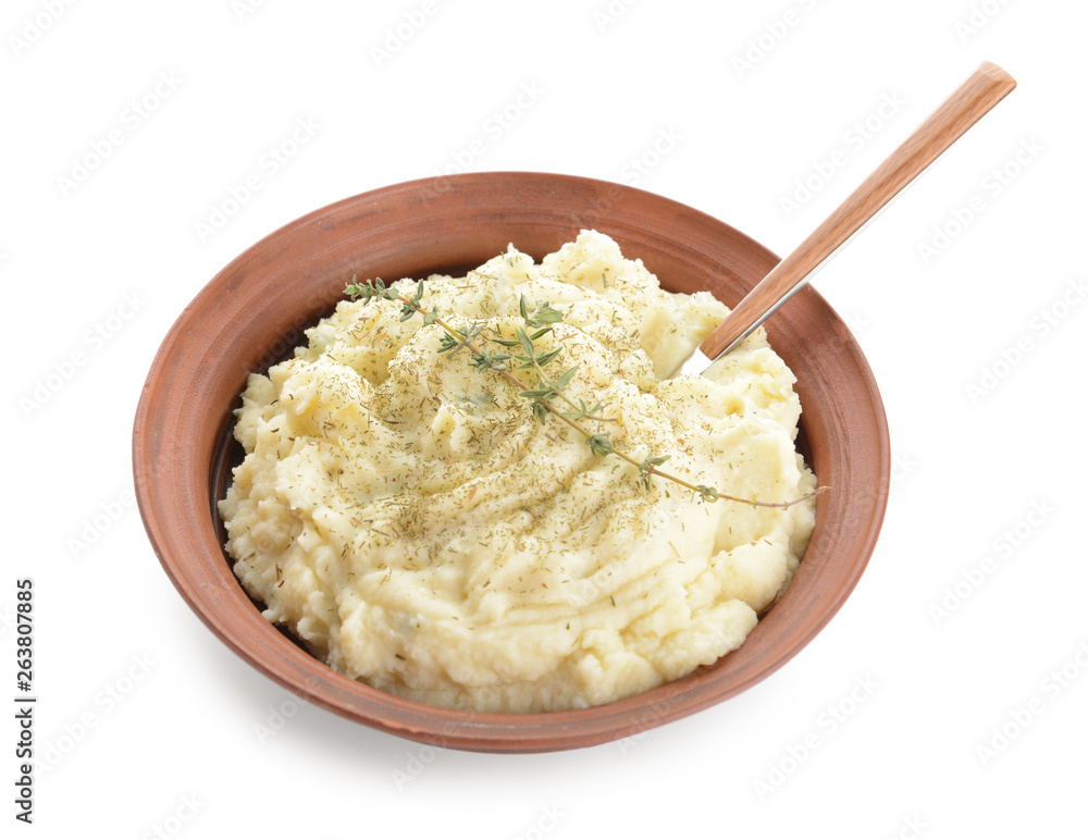 Plate with tasty mashed potato on white background