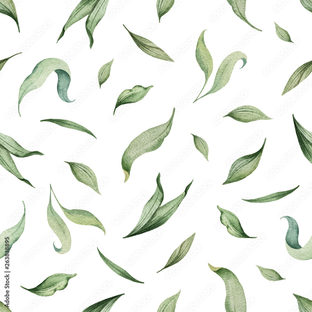 Watercolor vector seamless pattern of green leaves isolated on white background.