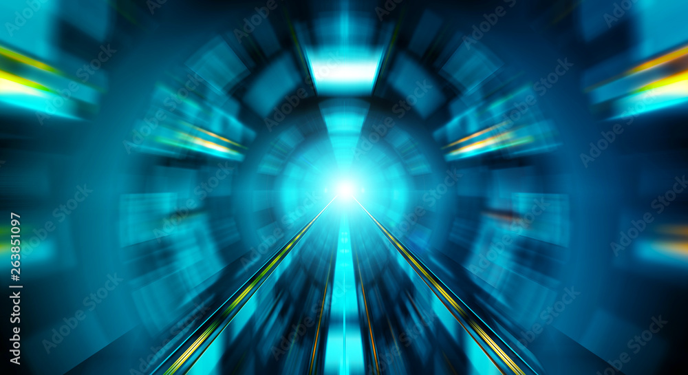 Abstract zoom effect in a blue dark tunnel background with traffic lights