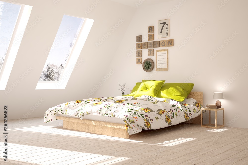 Stylish bedroom in white color. Scandinavian interior design. 3D illustration