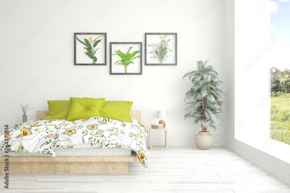 Stylish bedroom in white color. Scandinavian interior design. 3D illustration