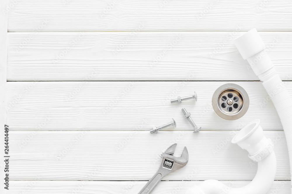 Plumber work with instruments, tools and gear on white background top view mock up