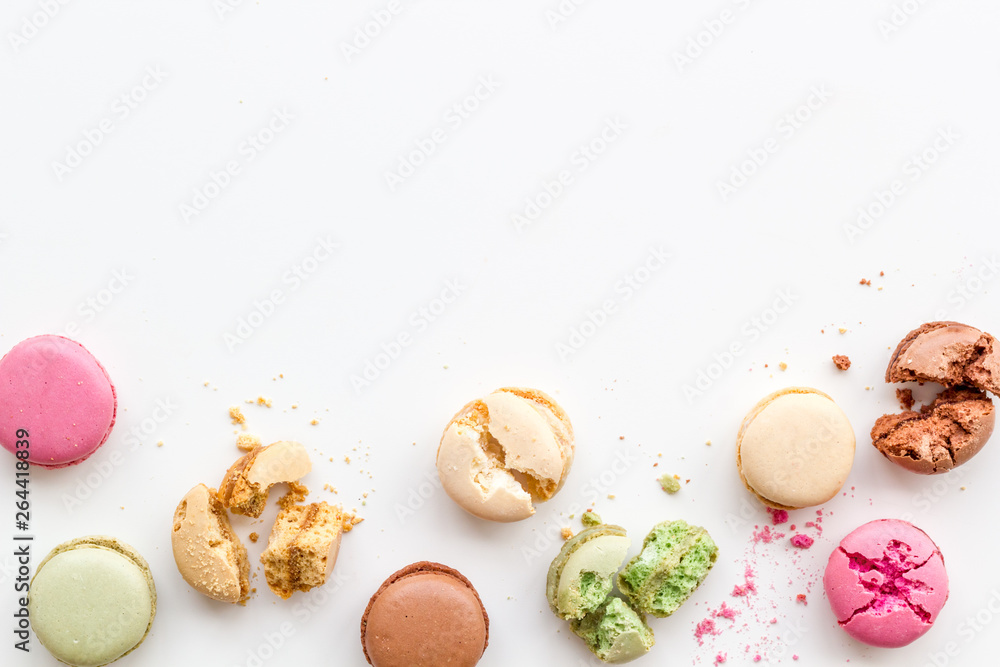 Macarons dessert pattern on white background top view copy space