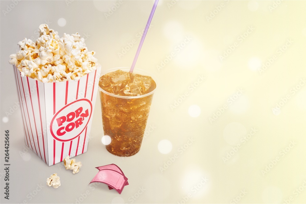 Popcorn food in box  and cola on background