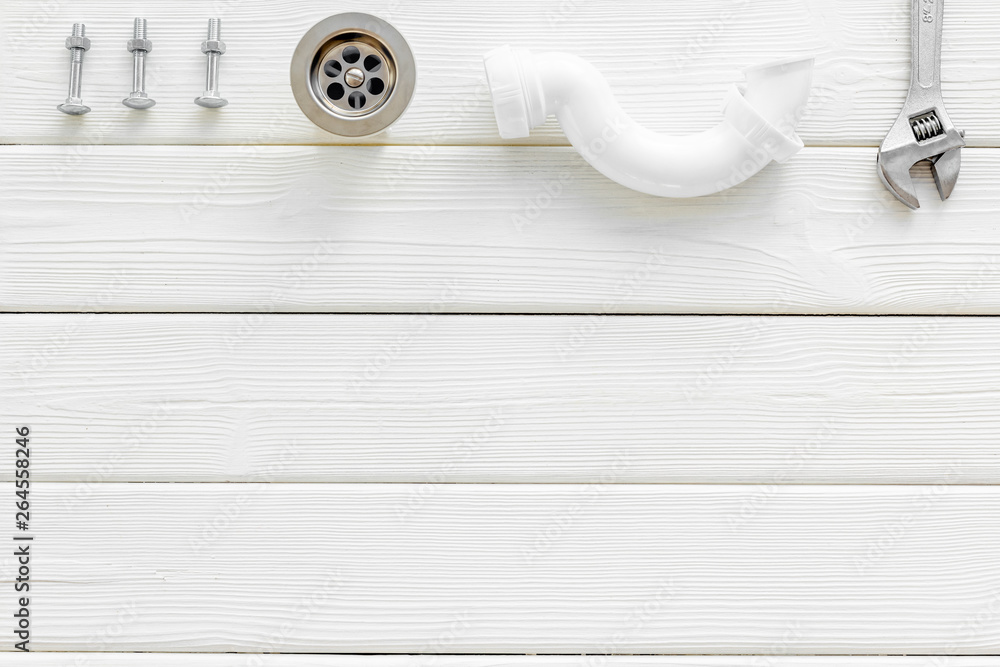 Plumber work with instruments, tools and gear on white background top view mock up