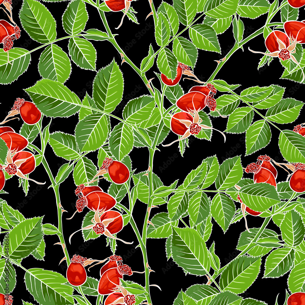 Dogrose Seamless Pattern, Luxury Wild Briar Rose. Rosehip Romance Fabric Textile Design with Black B