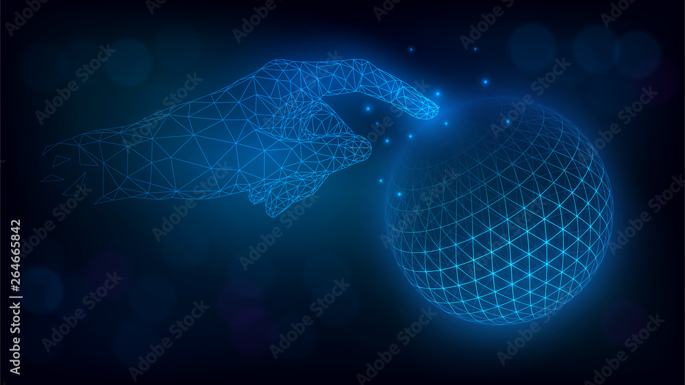 Low polygonal hand touch blue Earth, communication technologies. Internet, web, globalization