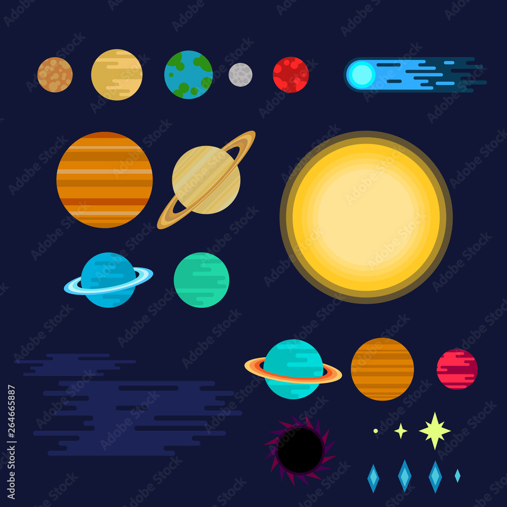 Set of planets and space objects. The planets of the solar system, the sun, a comet, a black hole an