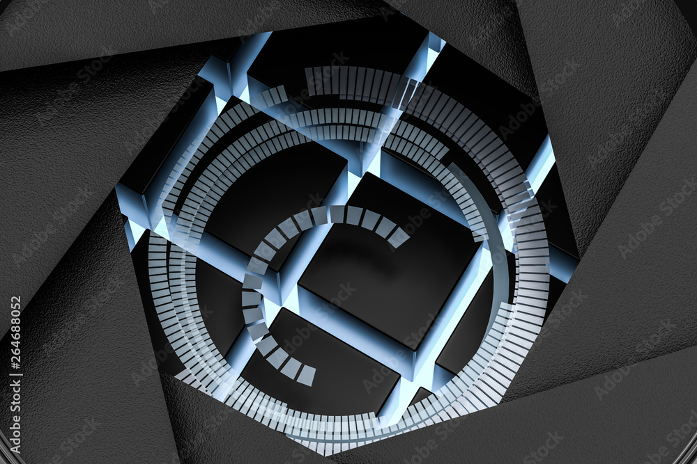 3d渲染，黑暗工作室背景下的相机镜头