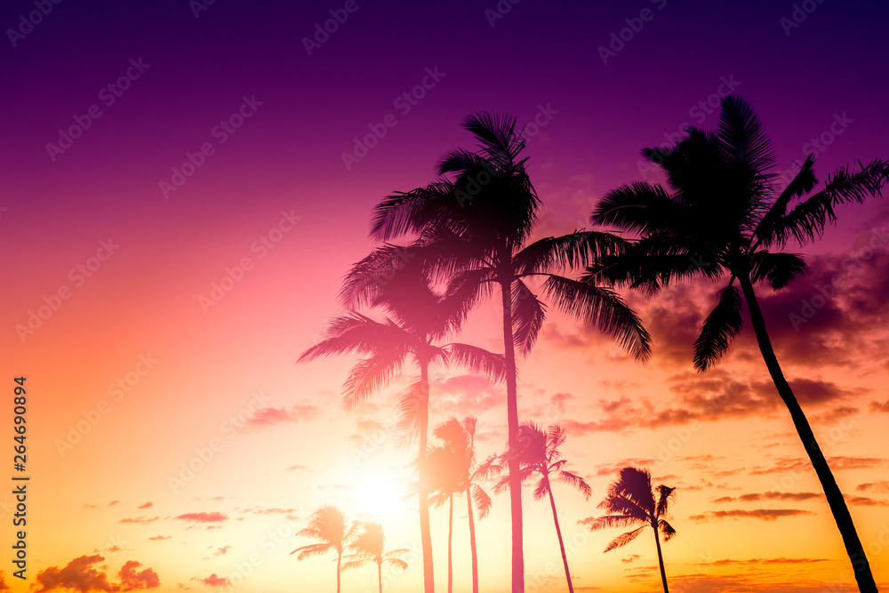 Tropical island sunset with silhouette of palm trees, hot summer day vacation background, golden sky