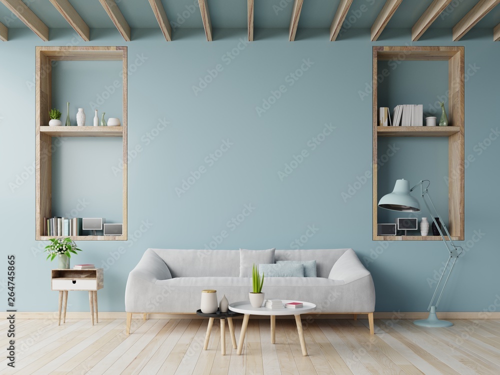 Living room design with sofa, table on blue wall and wood flooring ,3d rendering