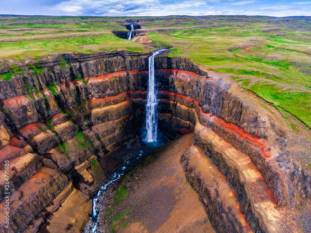 Aerial view Icelandic summer landscape of the Aldeyjarfoss waterfall in north Iceland. The waterfall