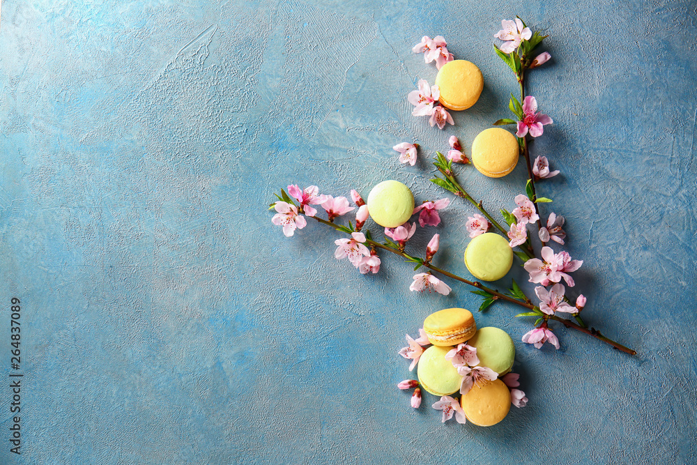 Beautiful blooming branches and tasty macarons on grey background