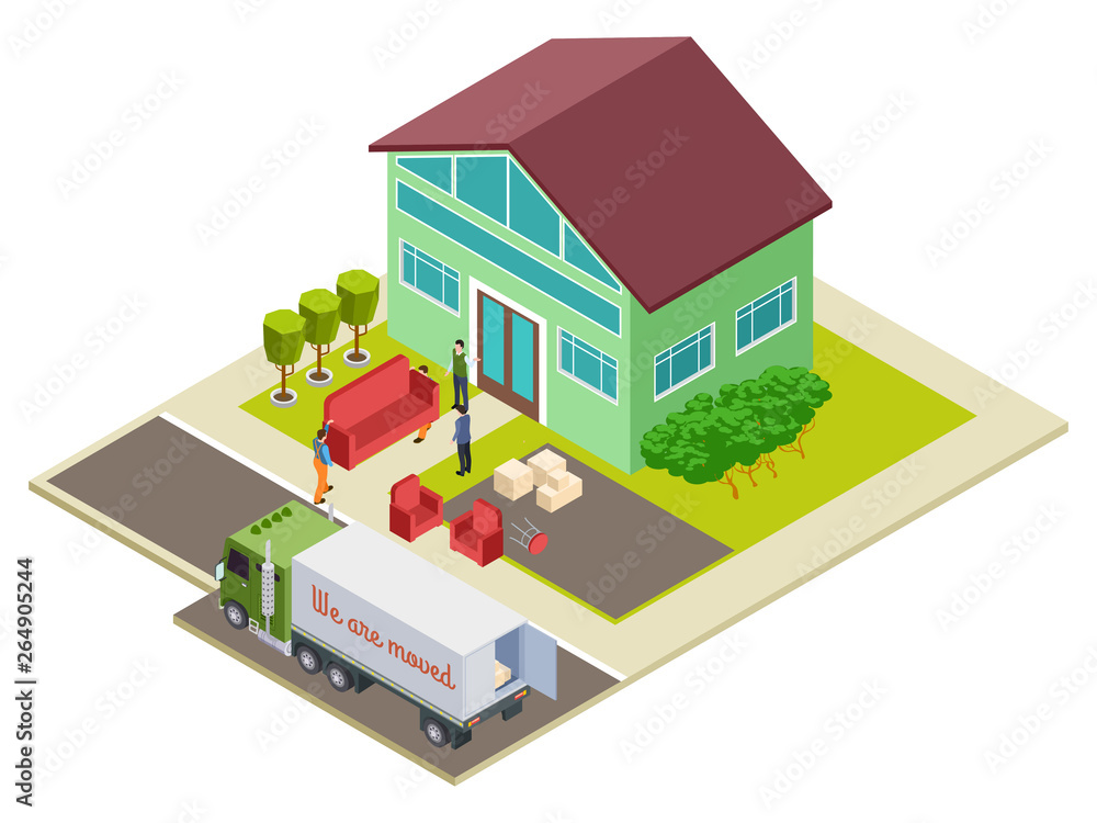 Moving to a new home, furniture delivery vector isometric illustration. Isometric house moving, relo