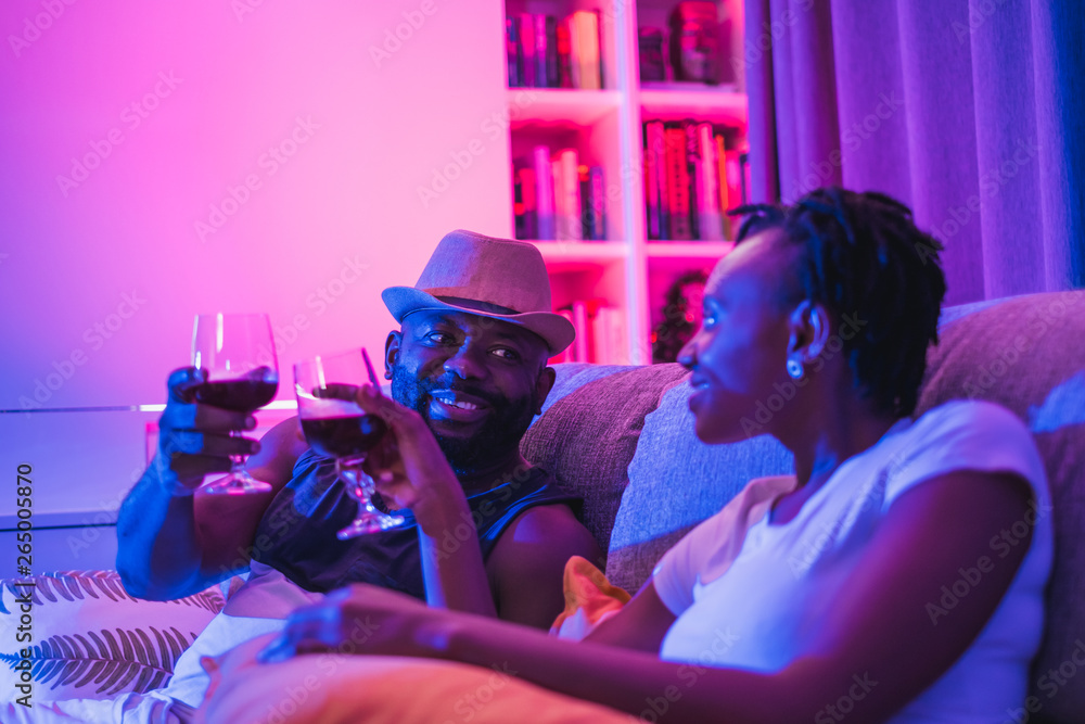 black couple dating with drinking wine romantic dinner at home