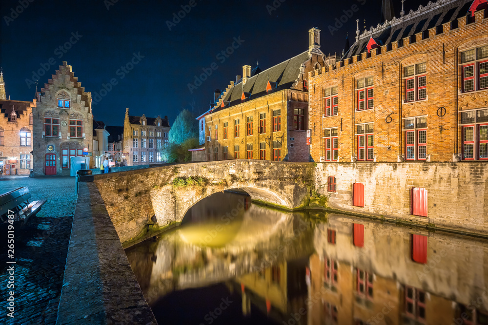 Historic city of Brugge at night, Flanders, Belgium