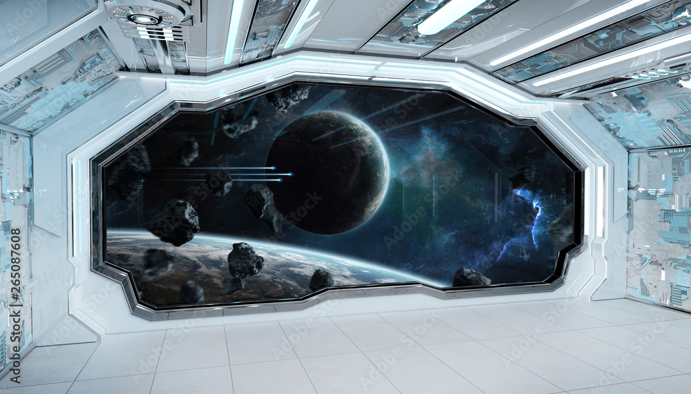 White blue spaceship futuristic interior with window view on space and planets 3d rendering